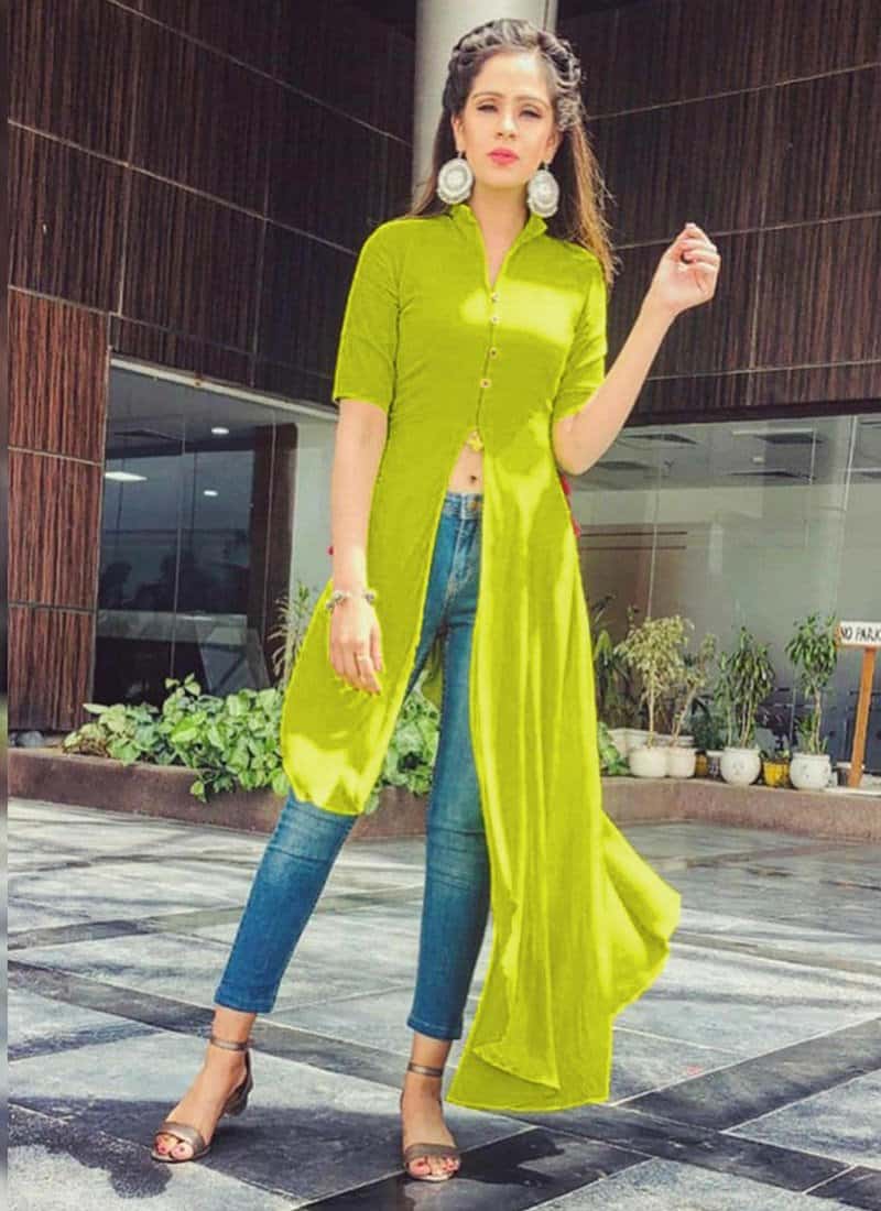 Fantastic Green Designer Cotton Printed Ready Made Long Kurti Design - RJ  Fashion