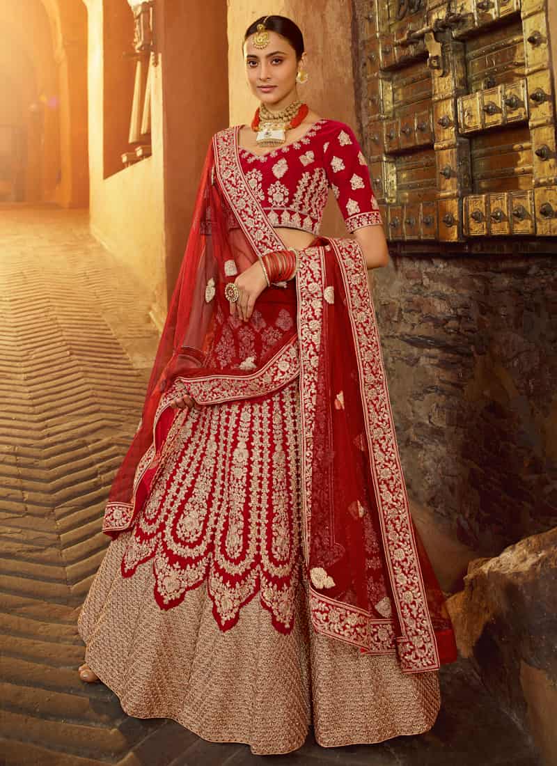 Buy Hypnotic White Colored Wedding Wear Embroidered Satin Lehenga Choli  From Zeel Clothing