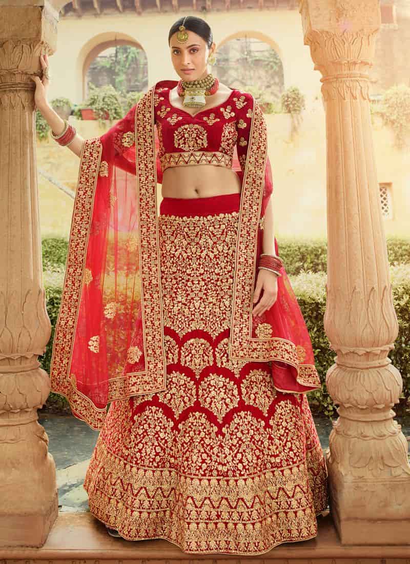 White And Red Combination Lehenga Choli with Maslin Silk Dup
