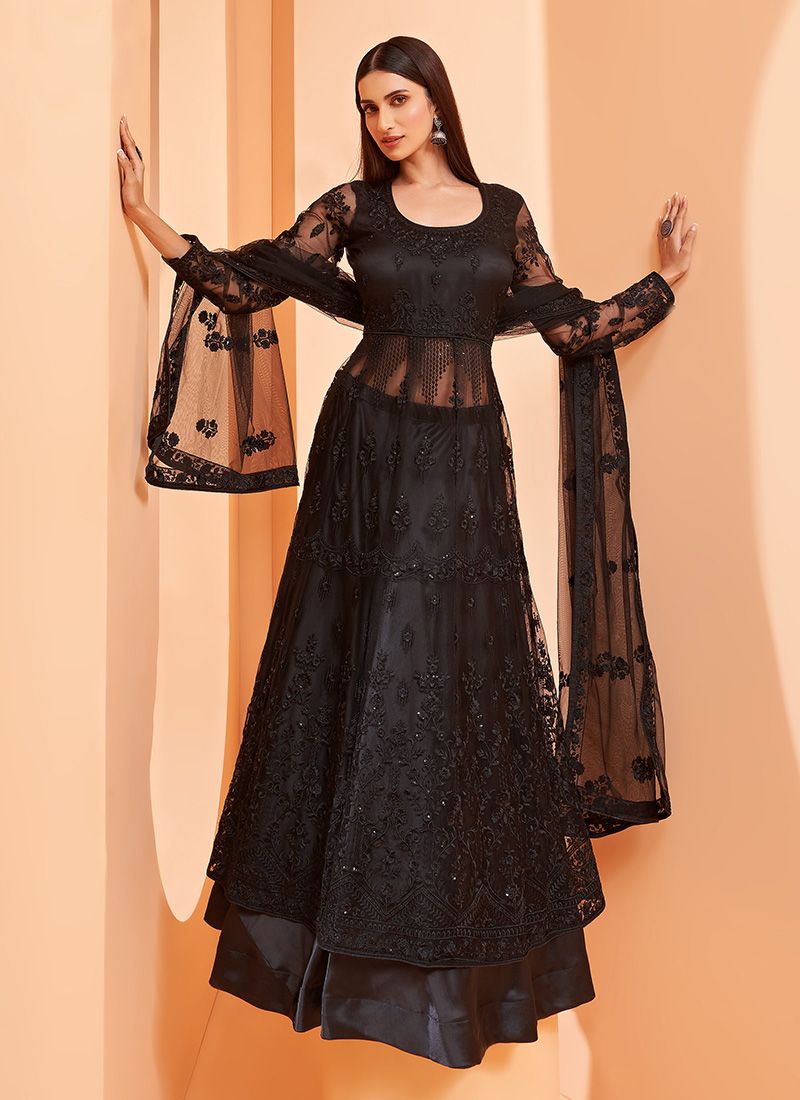 Dual toned flared anarkali dress with floral organza dupatta - Set Of Two  by The Anarkali Shop | The Secret Label