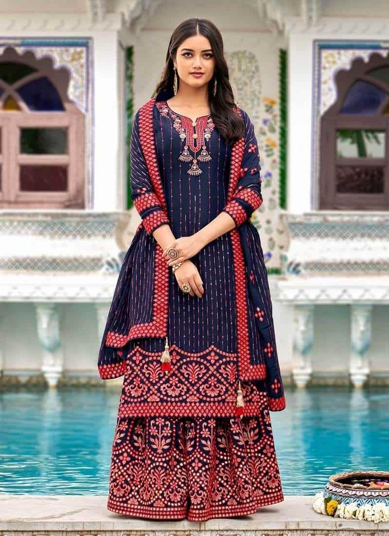 Punjab Fashion Store Apra - CUSTOM MADE Cute Nav Di Looking Gorgeous  @punjab_fashion_store_apra Wearing Plazo Duit In Elegant Colors Wearing On  sister Reception Embroidery:Sequins/Entiqur Plazo:Georget Style:Plazo Suit  D No: Fabric:silk/Georget Make Your