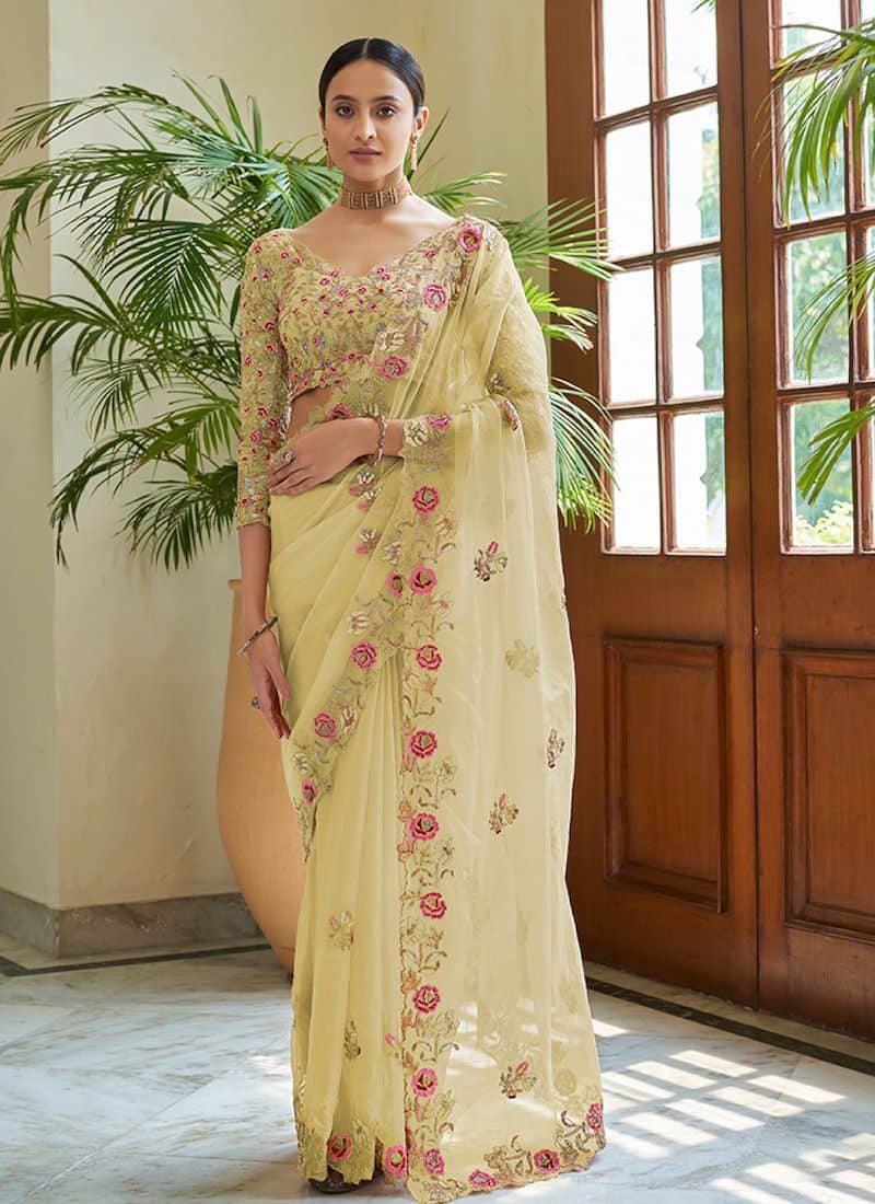 Buy Orange, Yellow Saree With Blouse by Designer Medha Online at Ogaan.com